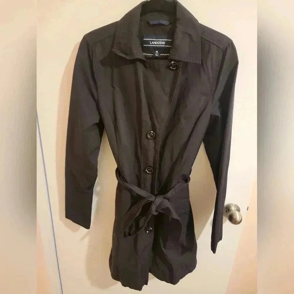 Lands End Trench Coat Womens Medium Belted Pockets Button Academia Minimalist - Picture 1 of 9